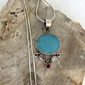 Sterling Silver 925 Chalcedony Amethyst Garnet Iolite Pendant Necklace 20" Chain